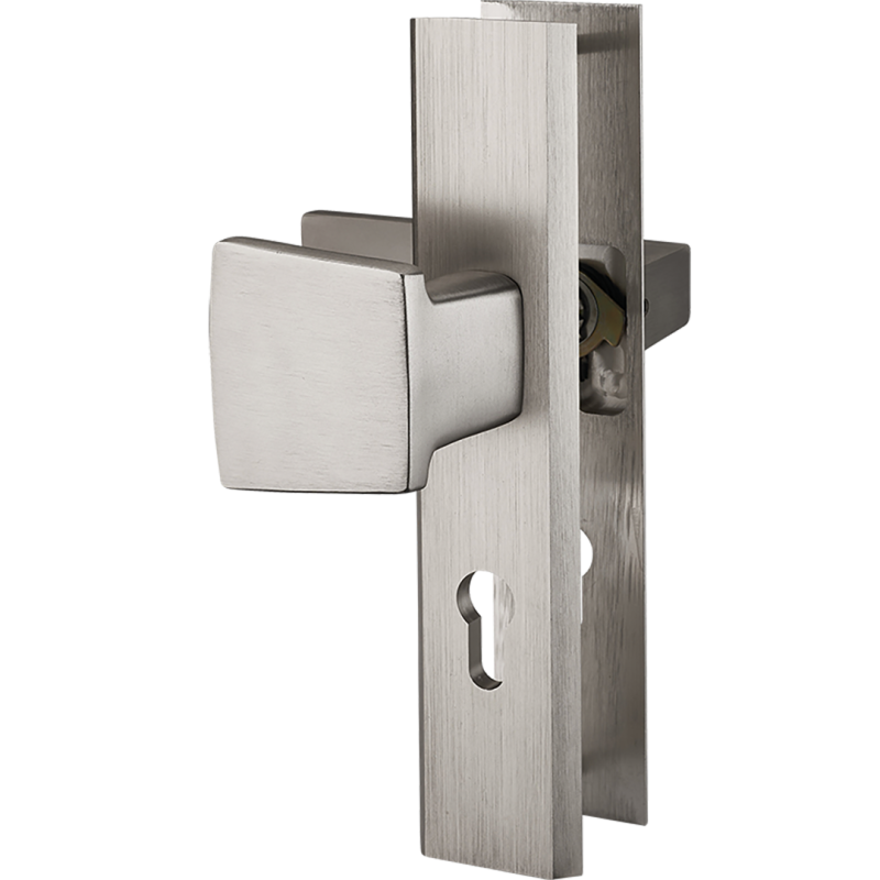 Elegancka klamka FLOKO ze szyldem długim - lewa, satyna, do drzwi zewnętrznych.