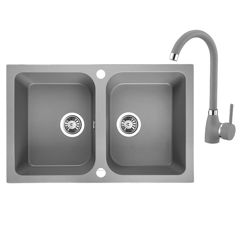 Celia MAX - szary zestaw zlewozmywaka 2-komorowego z baterią granitową i odpływem auto