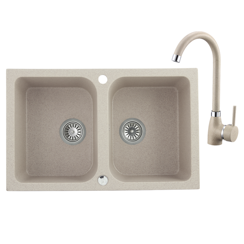 Zlewozmywak Celia 2-komorowy z granitową baterią i syfonem Space Saving