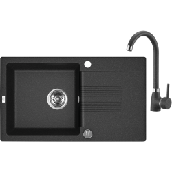 Celia Premium: Czarno-granitowy zlew 1-komorowy z ociekaczem i syfonem Space Saving