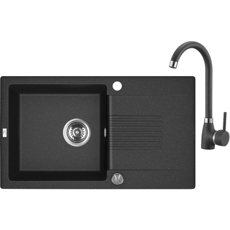 Celia Premium: Czarno-granitowy zlew 1-komorowy z ociekaczem i syfonem Space Saving