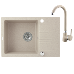 Celia - Stylowy Zlewozmywak Beżowy z Baterią Granitową, Syfonem i Automatycznym Korkiem