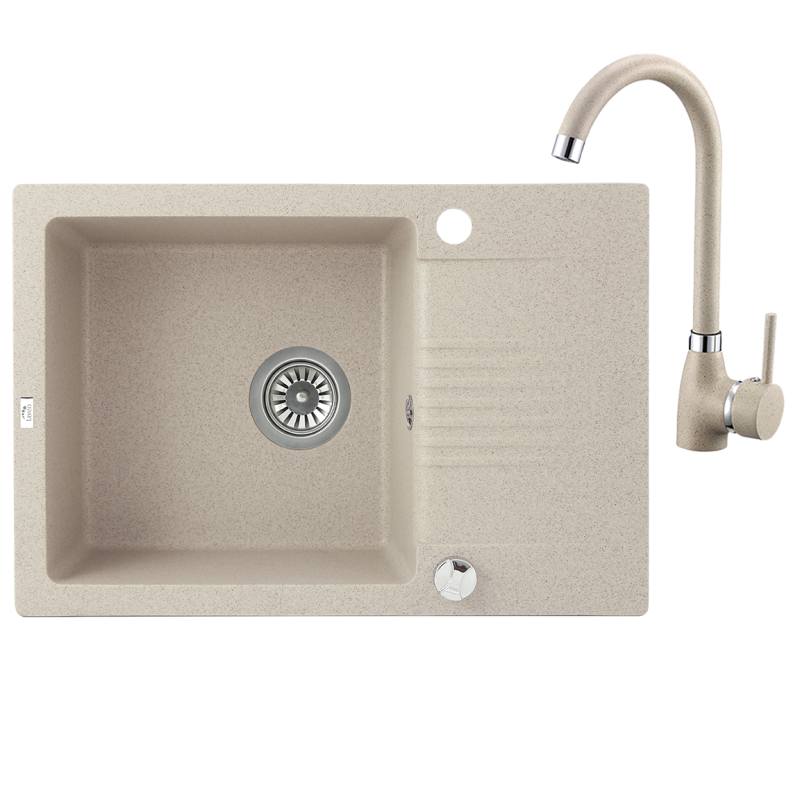 Celia - Stylowy Zlewozmywak Beżowy z Baterią Granitową, Syfonem i Automatycznym Korkiem