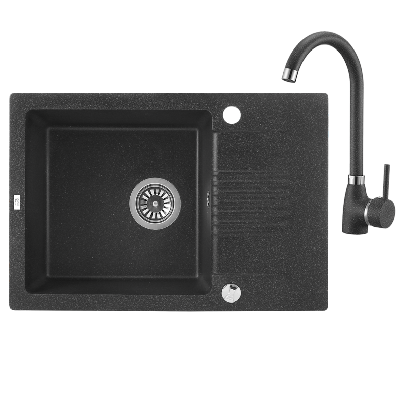 Nowoczesny zlewozmywak Celia 1-komorowy czarny z baterią granitową i półociekaczem