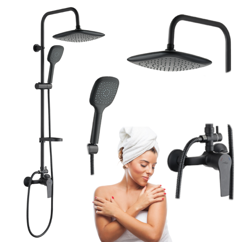 Czarna Kolumna Prysznicowa FIONA 22cm, Deszczownica i Bateria - Nowoczesny Styl Łazienkowy