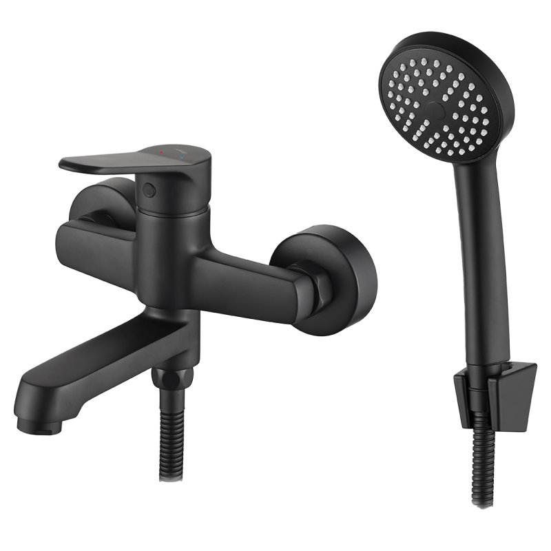 ATEZ Elegancka Czerń - Ścienna Bateria Wannowa z Zestawem Prysznicowym i Ceramiczną Głowicą
