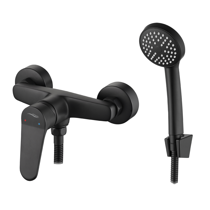 ATEZ Czarno-Ceramiczna Bateria Ścienna z Jednouchwytowym Zestawem Natryskowym