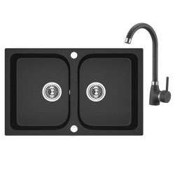 Celia Black Elegance - Dwukomorowy Zlewozmywak Granitowy z Baterią i Automatycznym Korkiem