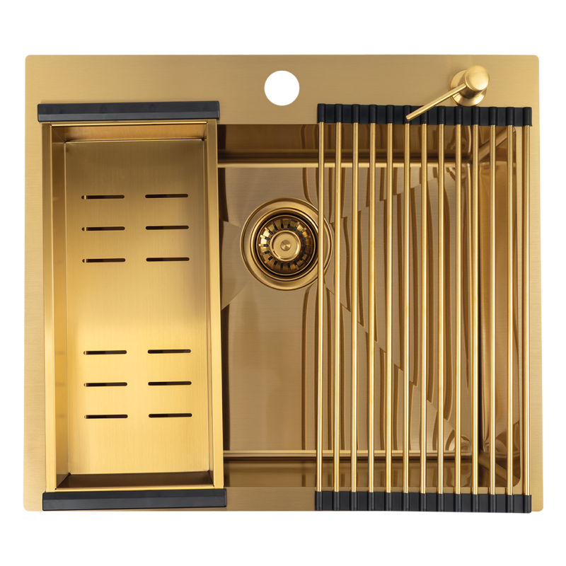 Zlewozmywak Malawi Gold 1-komorowy z zestawem akcesoriów - złoty blask w Twojej kuchni