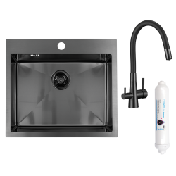 Grafitowy Zlew 1-Komorowy Malawi z Stylową Baterią i Innowacyjnym Syfonem Oszczędzającym Miejsce