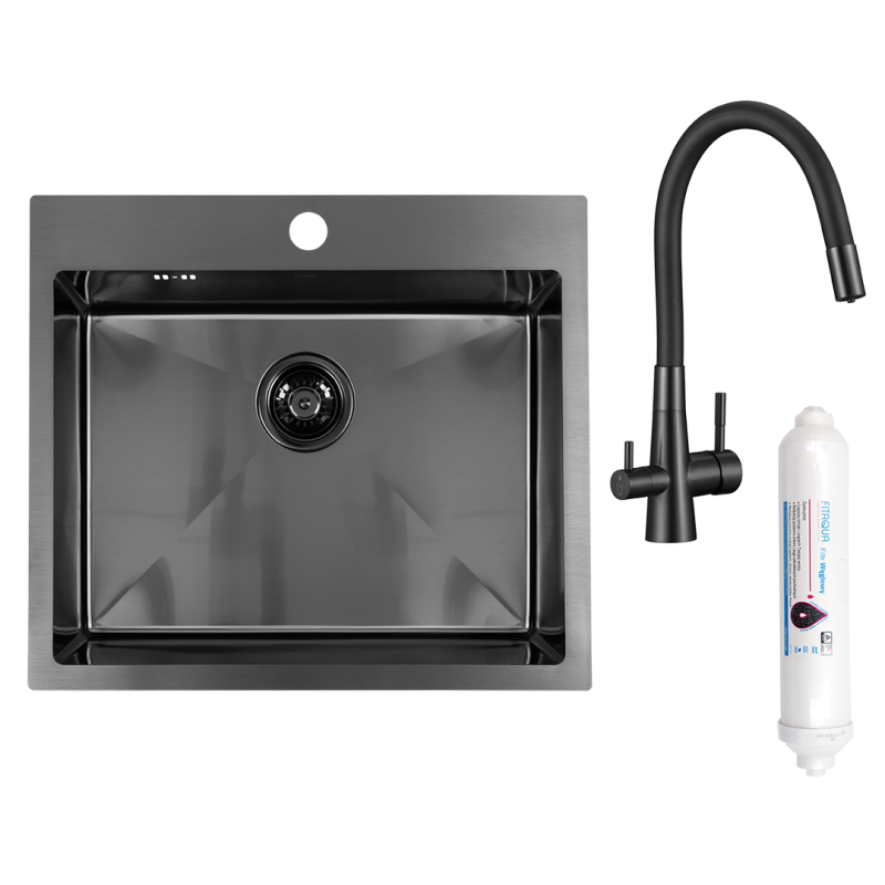 Grafitowy Zlew 1-Komorowy Malawi z Stylową Baterią i Innowacyjnym Syfonem Oszczędzającym Miejsce