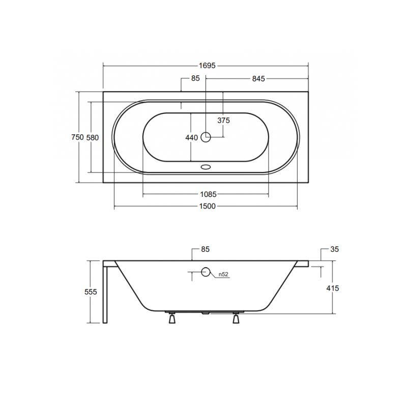 Luksusowa wanna prostokątna VITAE 170 z solidnym stelażem typ W - elegancja i wygoda w domu