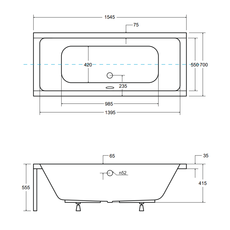 Elegancka Wanna QUADRO 155 z Solidnym Stelażem Typu W