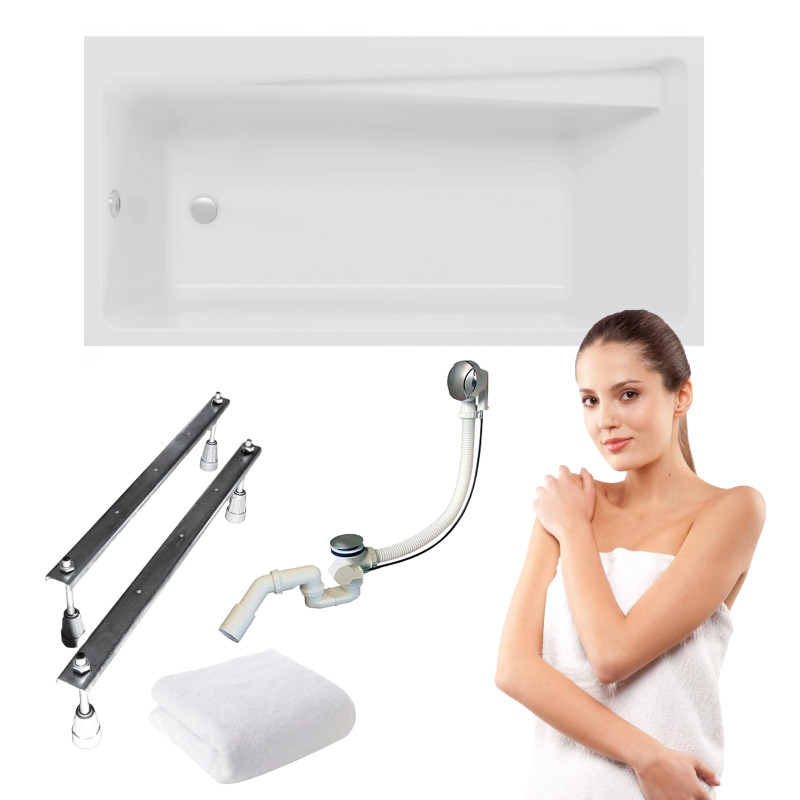 Nowoczesna Wanna Elza 150x70 z Chromowanym Syfonem i Nogami, Polimat