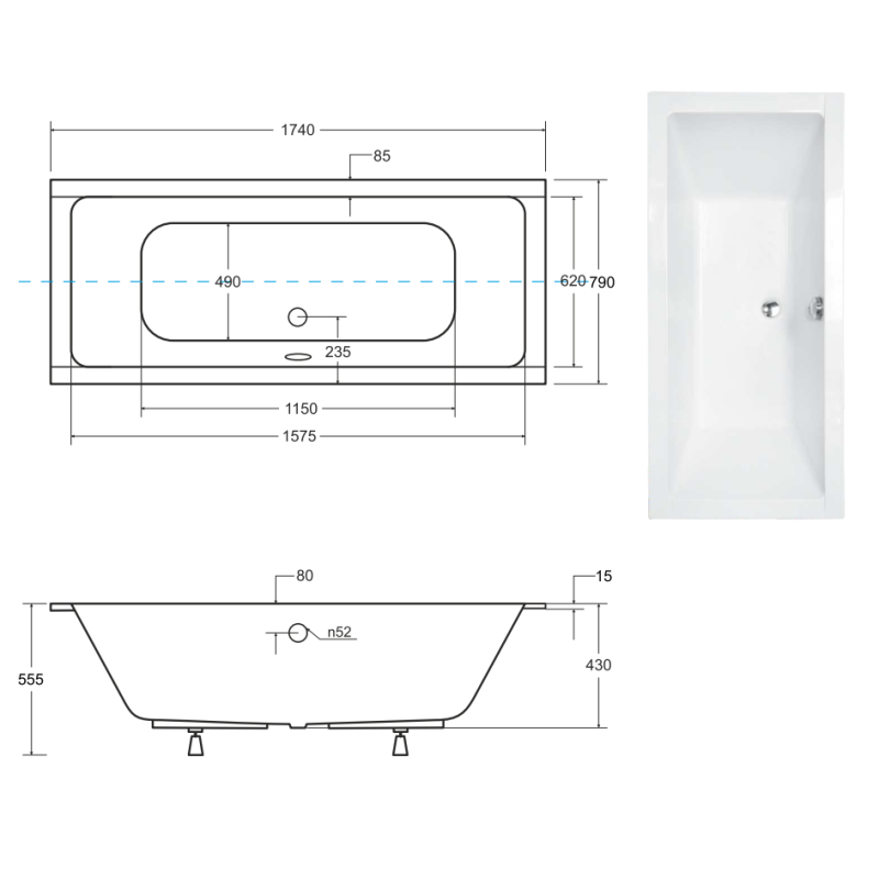 Elegancka Wanna Prostokątna Slim 175 z Nowoczesnym Stelażem