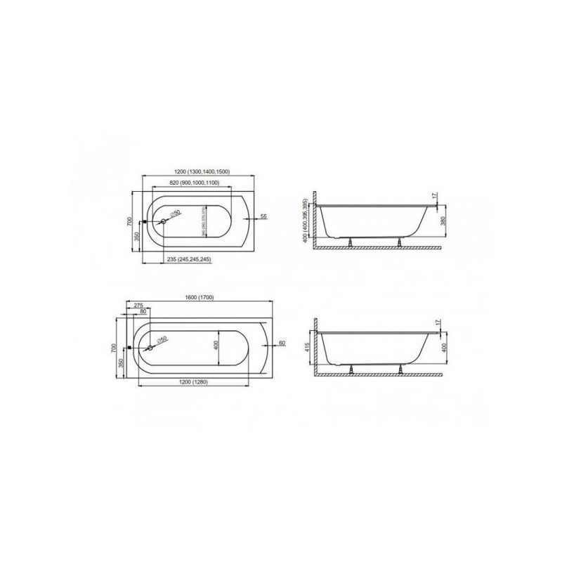 Polimat Classic SLIM 170x70 akrylowa z nóżkami i syfonem, nowoczesny design