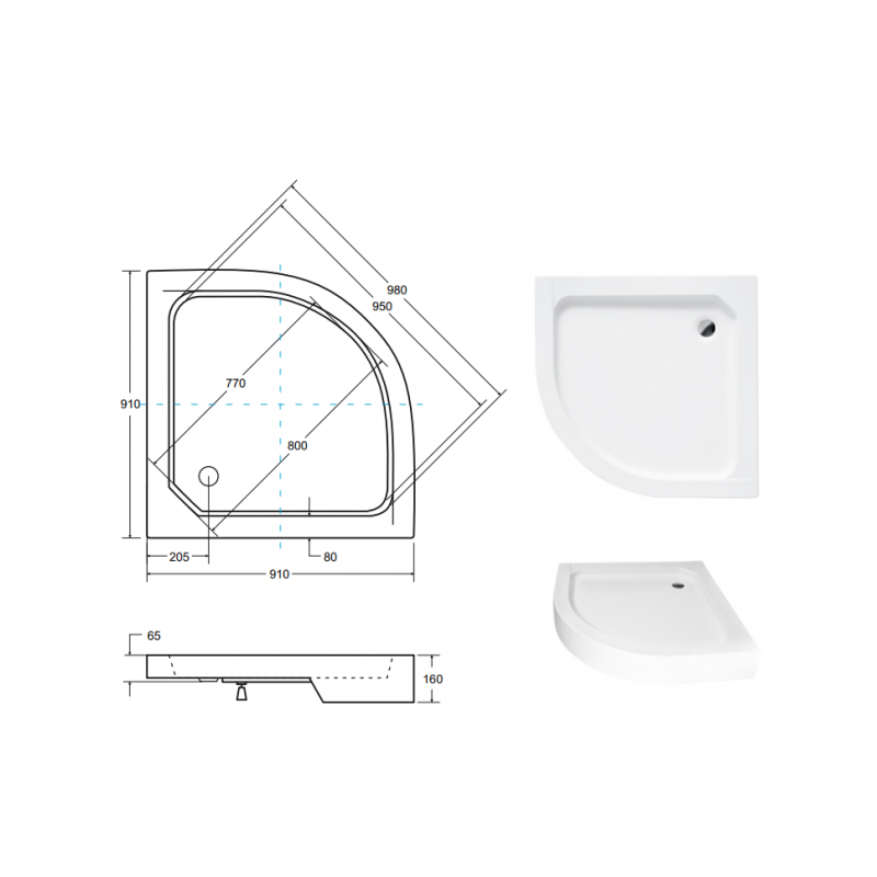 Brodzik Półokrągły Alex 90x90 czarny z syfonem