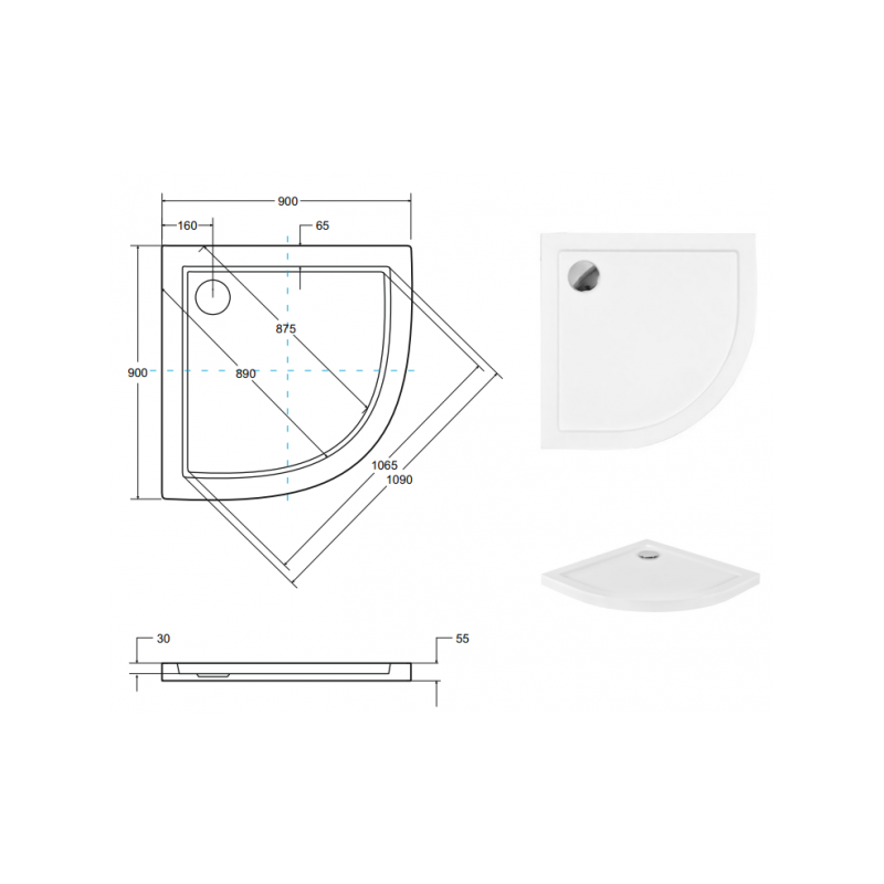Besco Brodzik półokrągły Aron 90x90 czarny z syfonem
