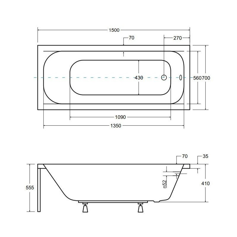 Besco CONTINEA 150x70 wanna akrylowa w zestawie z nogami i syfonem