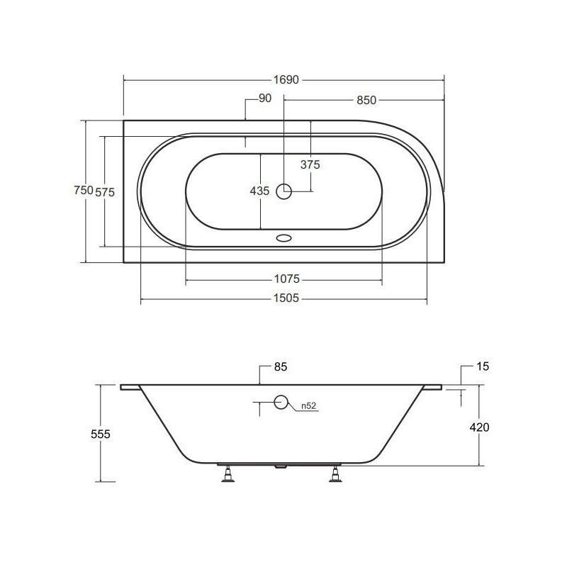 Besco Avita wanna SLIM 170x75 lewa akrylowa z nóżkami i syfonem