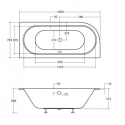 Besco Avita wanna 150x75 asymetryczna akrylowa z nóżkami i syfonem prawa