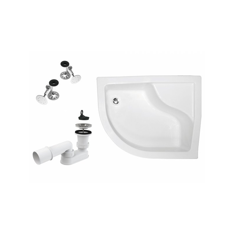 Asymetryczny brodzik prysznicowy z siedziskiem - biały akryl, kompletny zestaw poziomujący