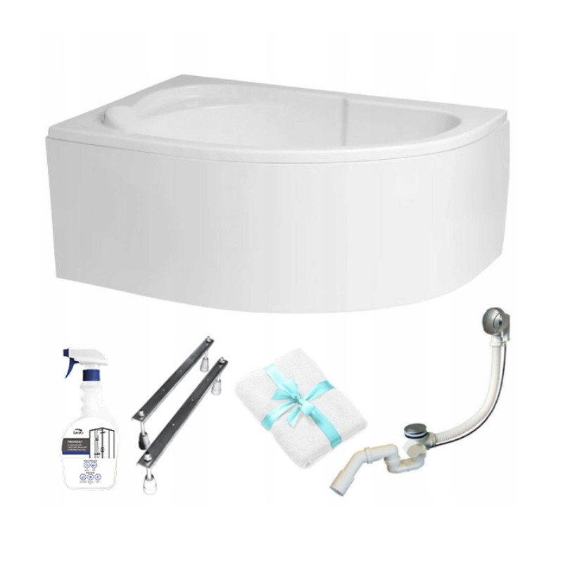 Asymetryczna wanna narożna Polimat 130x85 z obudową, syfonem i preparatem do czyszczenia