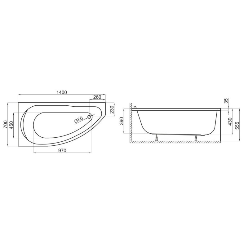 Wanna narożna Miki 140x70cm LEWA z syfonem + stelaż - Komfort i Styl w Twojej Łazience!