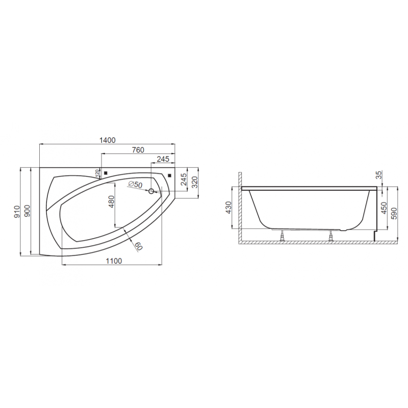 Frida 140x90 Asymetryczna Wanna Narożna z Białą Obudową i Syfonem - Elegancja i Funkcjonalność