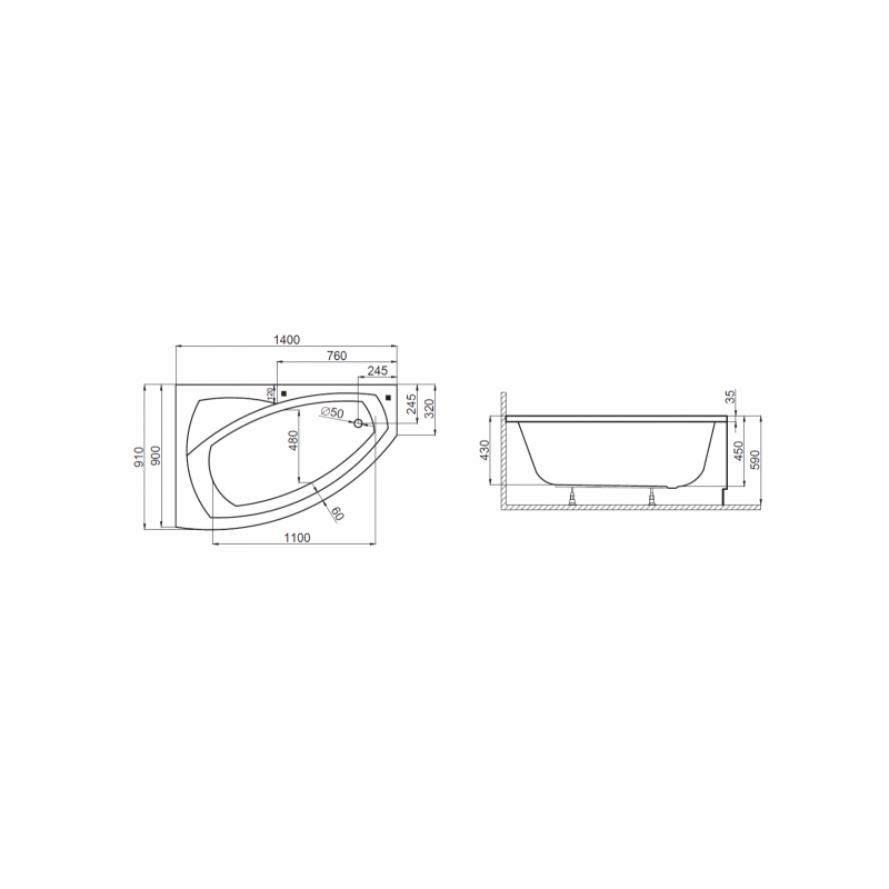Luksusowa wanna asymetryczna Frida 140x90 cm lewa z kompletnym zestawem montażowym