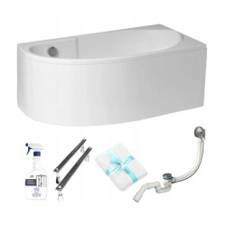 Luksusowa wanna asymetryczna Miki 145x85 z syfonem, białą obudową i preparatem czyszczącym