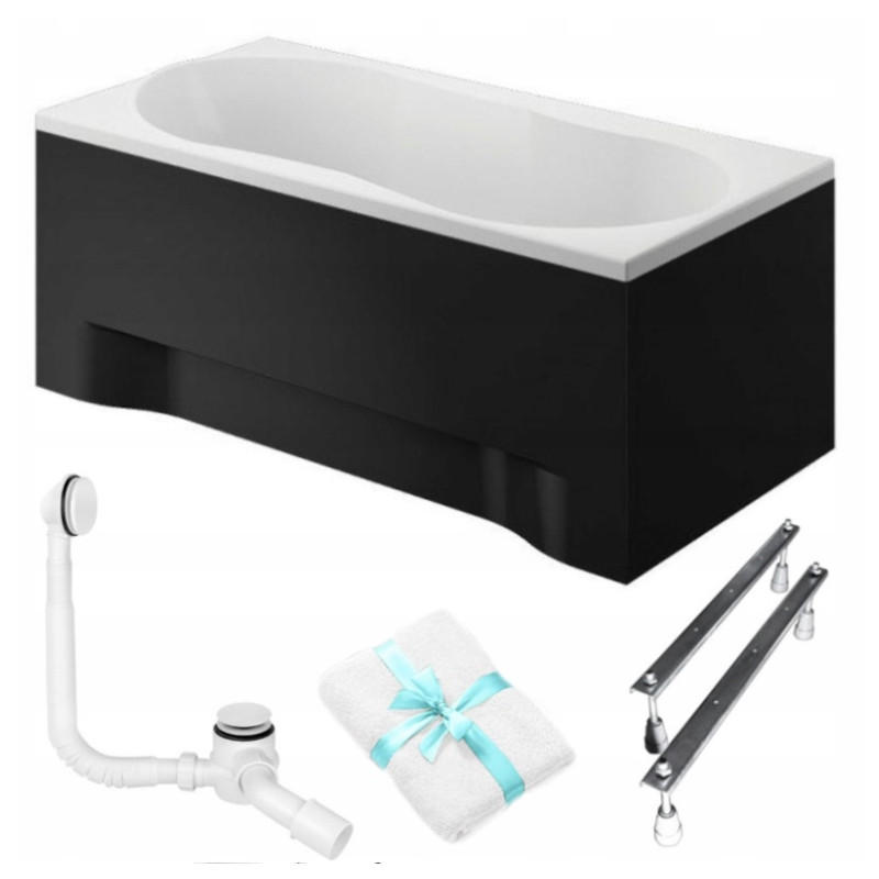 Elegancka Wanna Akrylowa CLASSIC 170x75 cm z Czarną Obudową + Syfon Biały