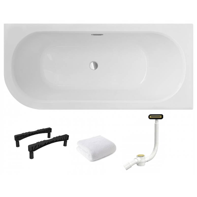 Elegancka Wanna Asymetryczna AVITA SLIM+ 160 P ze Złotym Syfonem i Stelażem Slim W