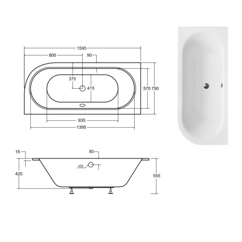 Besco Avita wanna 160x75 akrylowa z nóżkami i syfonem lewa
