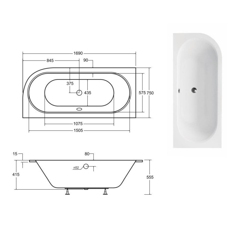 Besco Avita wanna 170x75 akrylowa z nóżkami i syfonem, asymetryczna lewa