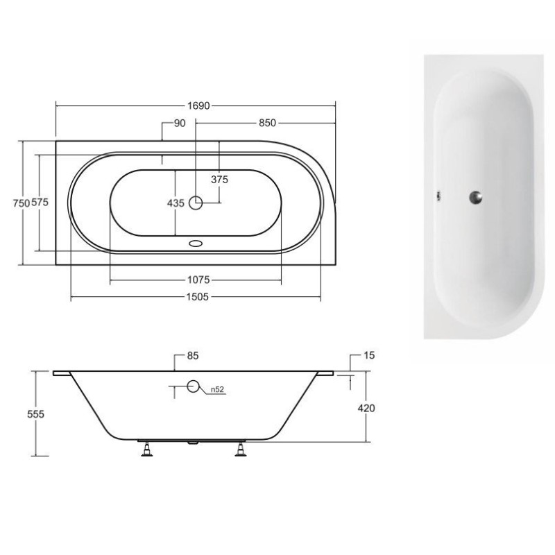 AVITA SLIM 170 P - Elegancka Wanna Asymetryczna Prawa ze Stelażem Typ Slim W
