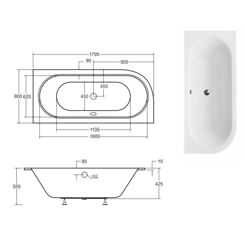 Nowoczesna wanna asymetryczna AVITA Slim 180 P z eleganckim stelażem