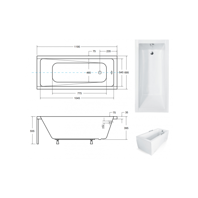 Wanna Besco Modern 120x70 z Syfonem i Zestawem Montażowym