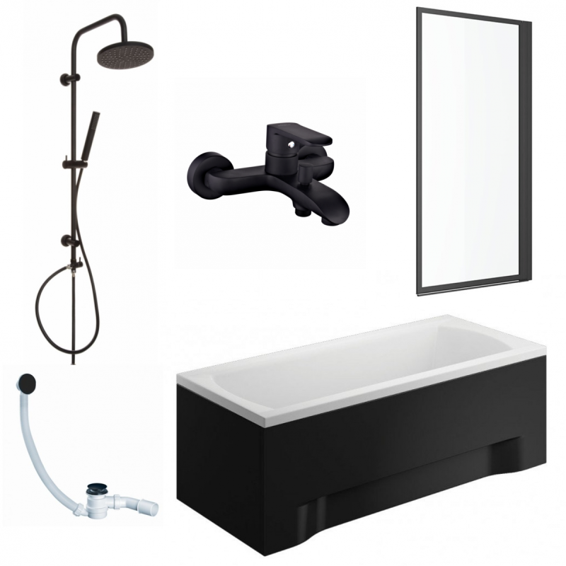 Relaksacyjna Wanna Akrylowa INES Black 170x75 cm z Syfonem i Czarną Obudową