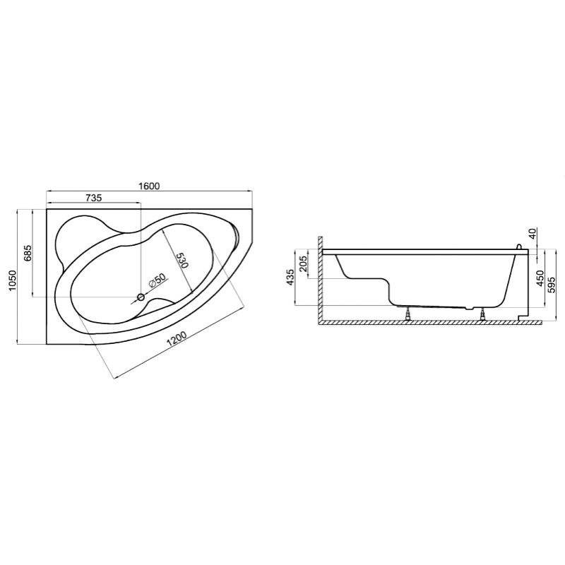 Polimat Wanna Asymetryczna Mega 160x105 cm Prawa z Syfonem