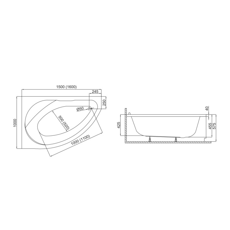 Polimat Wanna Narożna Prawa Marea 160x100 cm z Syfonem i Stelażem
