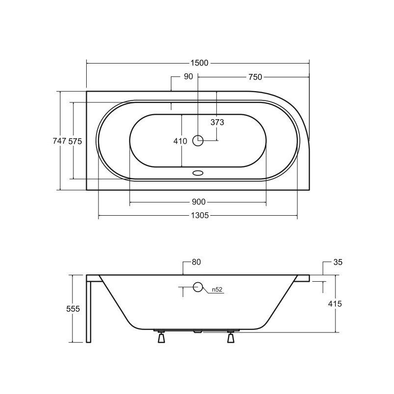 Besco Avita wanna prawa 150x75 akrylowa z obudową z nóżkami i syfonem