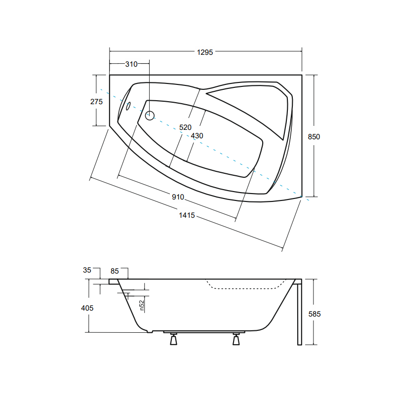 Ekskluzywna Wanna Asymetryczna RIMA 130P z Eleganckim Stelażem Typ W
