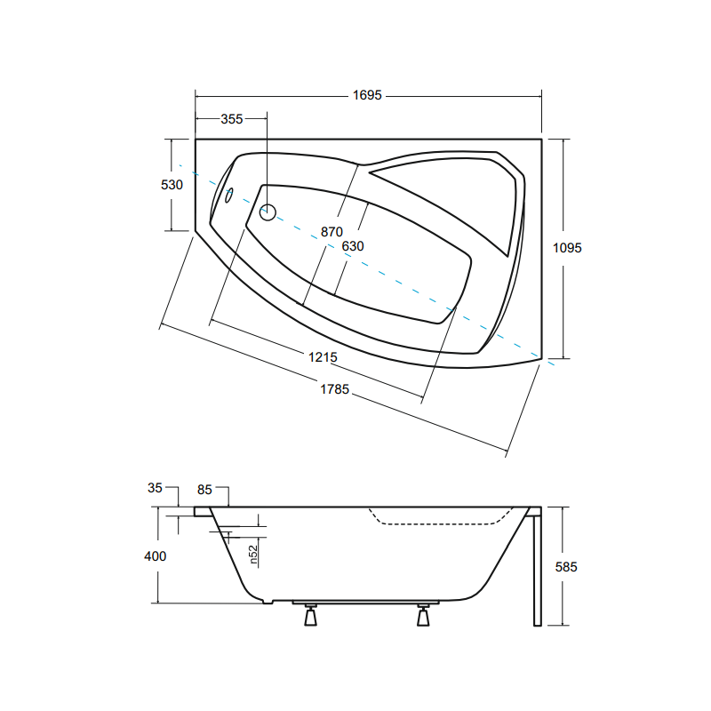Luksusowa Wanna Rima 170 Prawa ze Stelażem WD - Stylowa Asymetria Do Twojej Łazienki