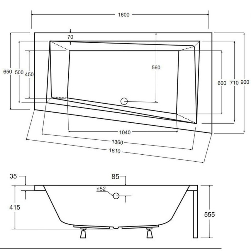 Nowoczesna wanna asymetryczna INTIMA 160 P z eleganckim stelażem typu I