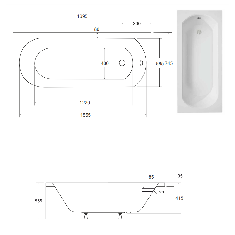 INTRICA 170 - Komfortowa Wanna Prostokątna ze Stelażem Typ W w Zestawie