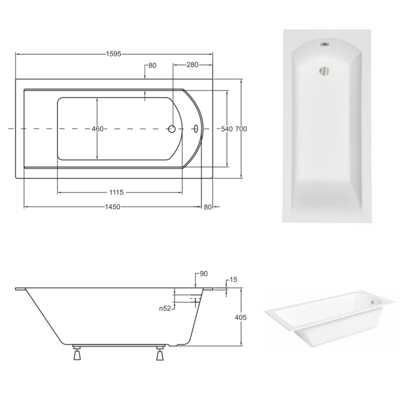 Nowoczesna wanna akrylowa Besco Shea SLIM 160x70 cm z syfonem i zestawem montażowym