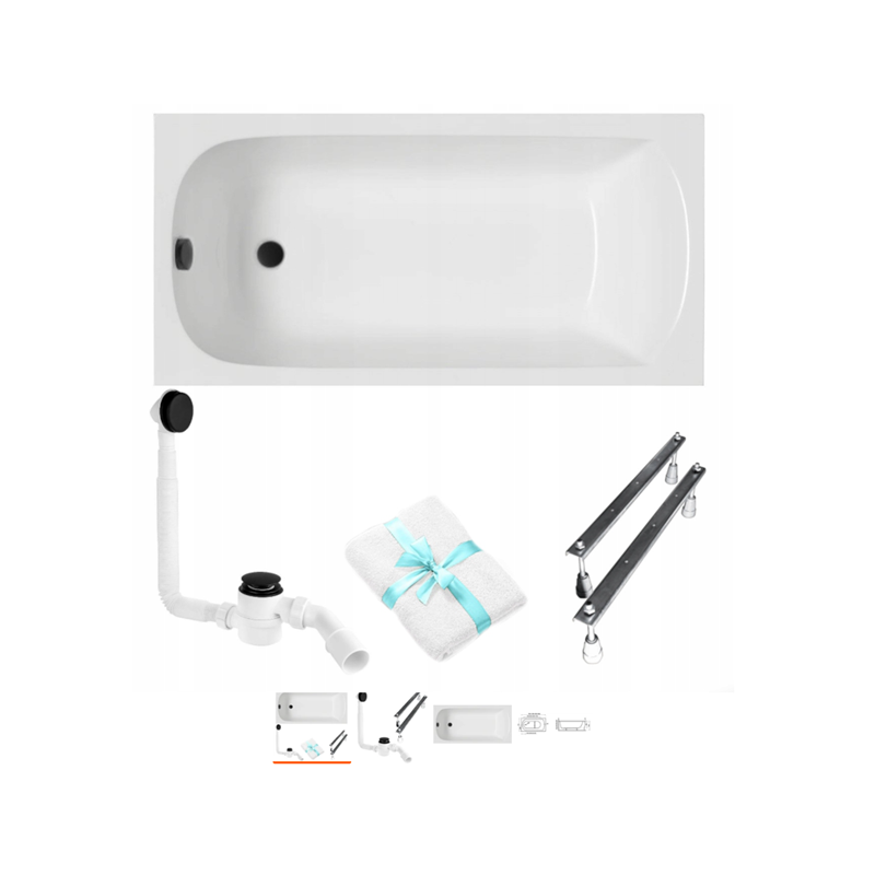 Elegancka Wanna Prostokątna CLASSIC Akryl 120x70 cm z Czarnym Syfonem i Nóżkami - Polimat