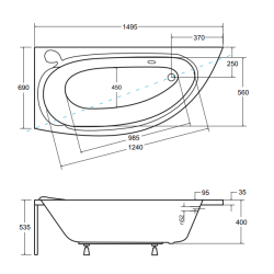 Ekstrawagancka wanna asymetryczna Mini Besco 150x70 Lewa z automatycznym syfonem i nogami 3w1