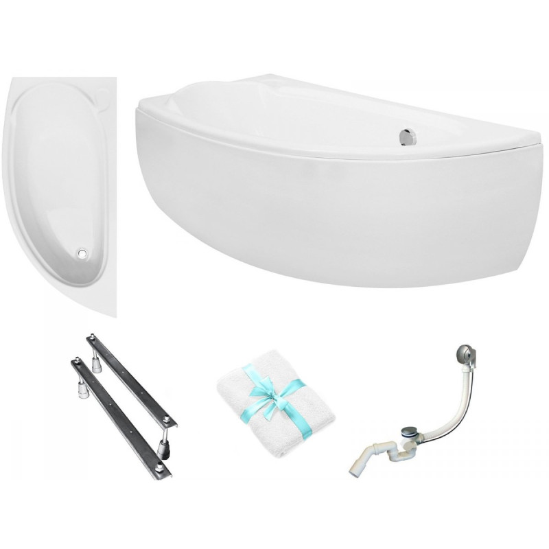 Luksusowa Wanna Asymetryczna 150x70 Lewa Mini z Syfonem Automatycznym i Nóżkami 3w1